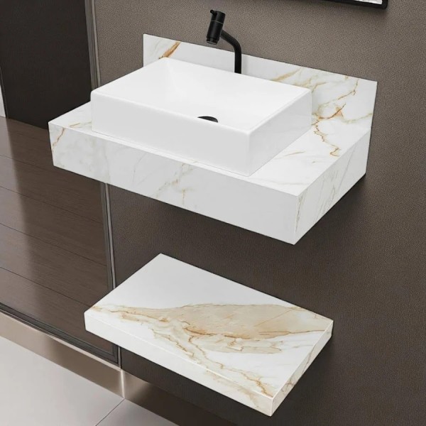 Kit Completo Bancada Cuba Sobreposta Banheiro Calacata Premium em Porcelanato